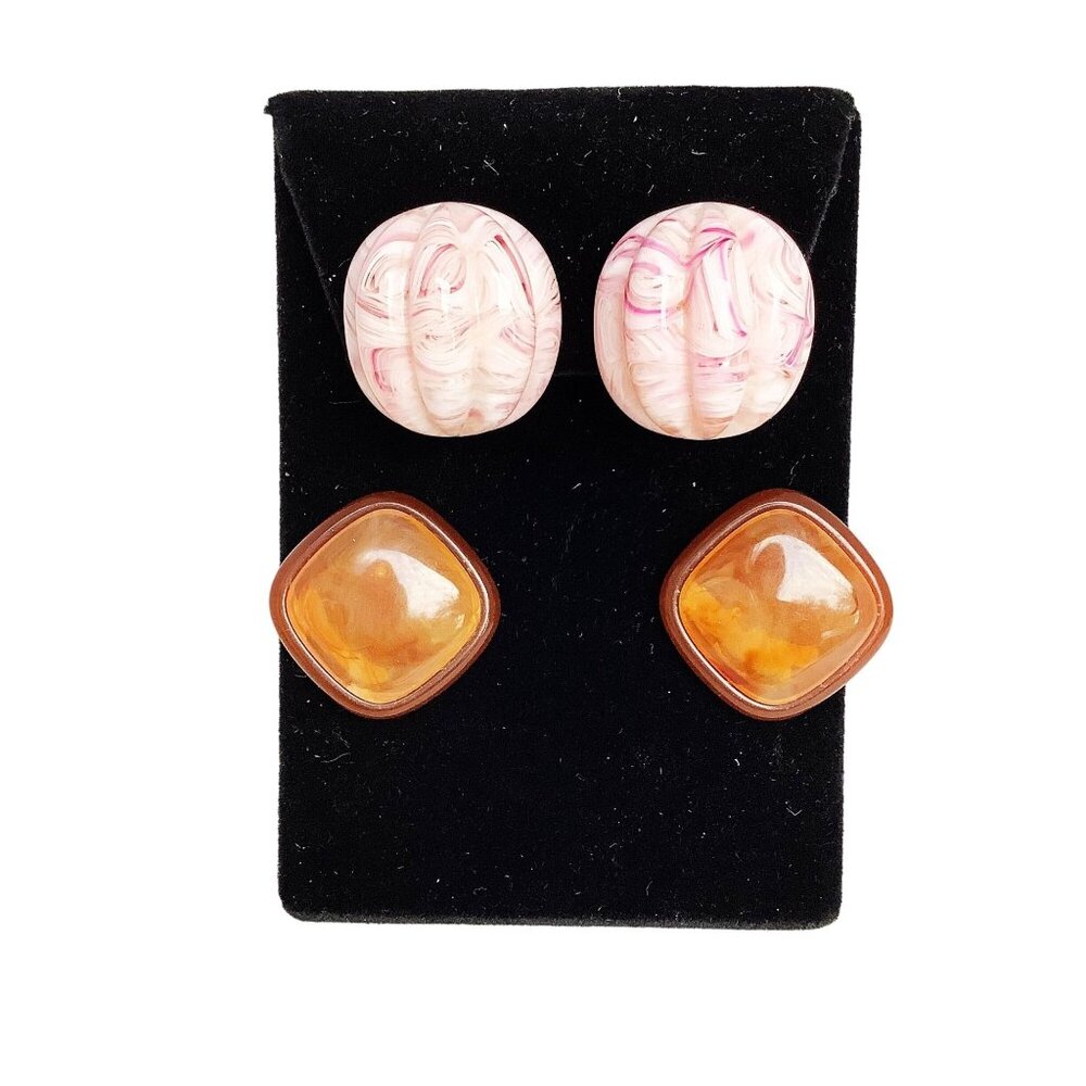 Retro Funky Earrings Collection Lot of 2 Pink and Swirled Apple Juice Clip On
